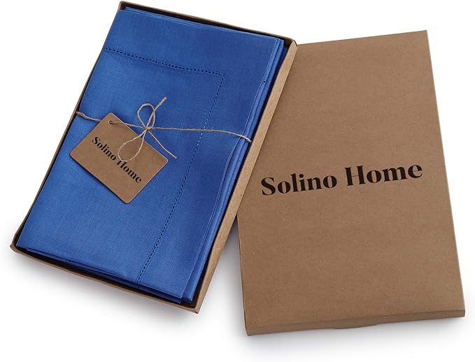Solino Home Linen Napkins Set of 4 - Classic Hemstitch 100% Pure Linen Royal Blue Dinner Napkins Cloth 20 x 20 Inch - Handcrafted and Machine Washable - Holiday, Winter, Christmas