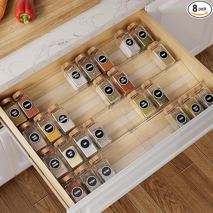 8-Pack Spice Drawer Organizer, Expandable Acrylic Seasoning Rack (13" to 26") with Anti-Slip Mat, Kitchen Spice Rack Tray Holds up to 56 Jars (Jars Not Included)