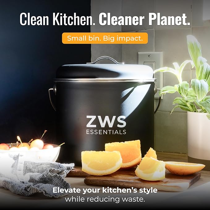 Black Stainless Steel Compost Bin | 6.5L Odor-Free Kitchen Countertop Food Scrap Pail with Charcoal Filter | Compact Zero Waste Solution for Home and Apartment Kitchens