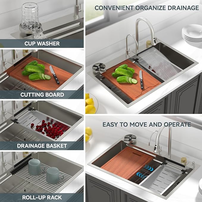 Lordear 33 Waterfall Kitchen Sink 33x22 Drop In Kitchen Sink Stainless Steel 16 Gauge Single Bowl Multifunctional Workstation Sinks with Built-in Accessories,Glass Rinser and Faucet Included