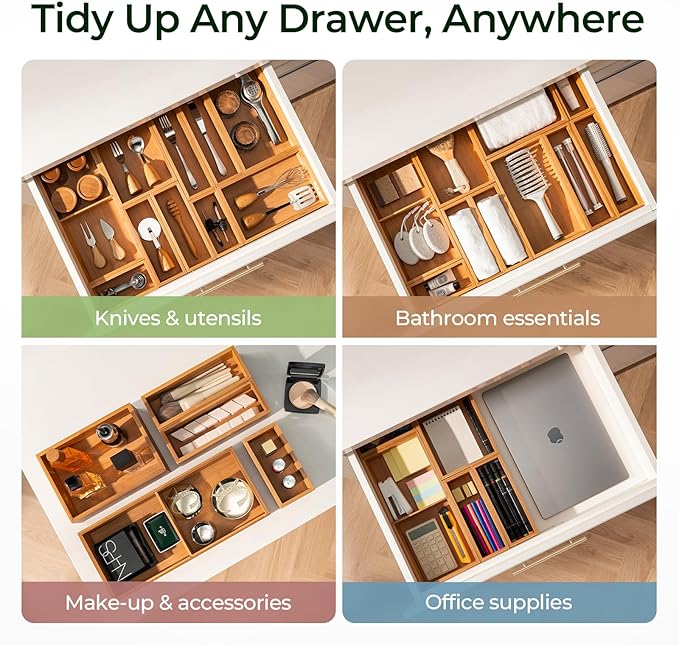 10-Piece Bamboo Drawer Organizer Set, 2.2" Deep Multi-Use Organizers for Utensils, Silverware, Cutlery, Desk, Bathroom, Junk Drawer & Makeup, Non-Slip Feet Included.