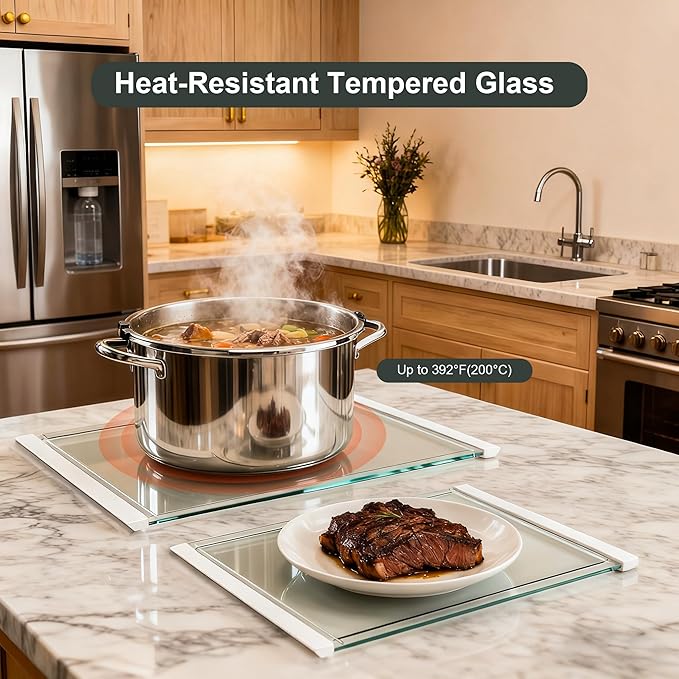 Tempered Glass Cutting Board with Juice Groove - 16x12 Inch Kitchen Cutting Board with Silicone Non-Slip Feet, Easy to Clean & Dishwasher Safe - Ideal for Vegetables, Fruits, Bread, Meats (White)