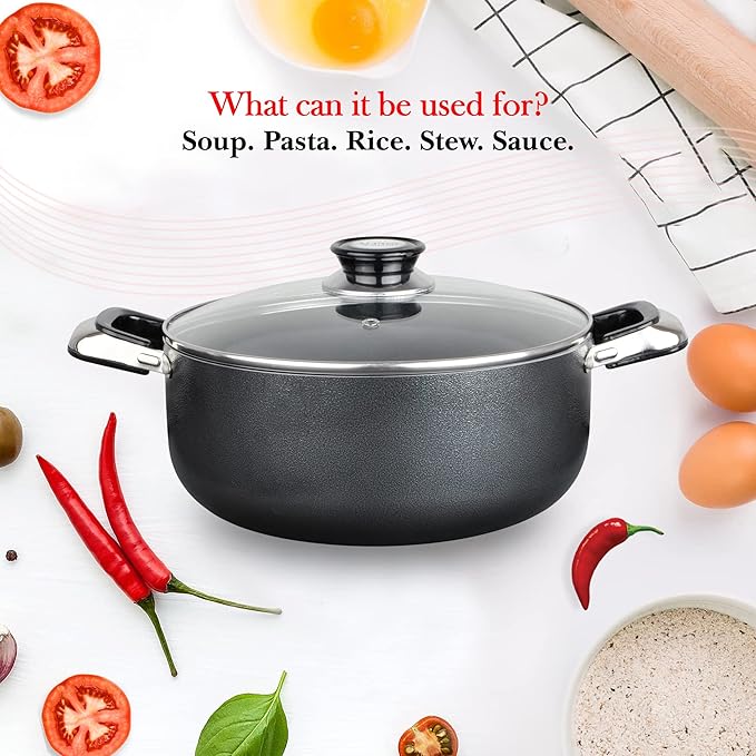 Alpine Cuisine 13 Quart Non-stick Stock Pot with Tempered Glass Lid and Carrying Handles, Multi-Purpose Cookware Aluminum Dutch Oven for Braising, Boiling, Stewing