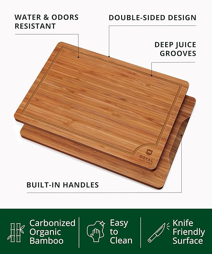 ROYAL CRAFT WOOD Bamboo Cutting Board Set – 3 Durable Wooden Cutting Boards for Kitchen Meal Prep, Charcuterie & Serving – Chopping & Butcher Block with Juice Grooves – Gift-Ready Packaging & Wood Wax