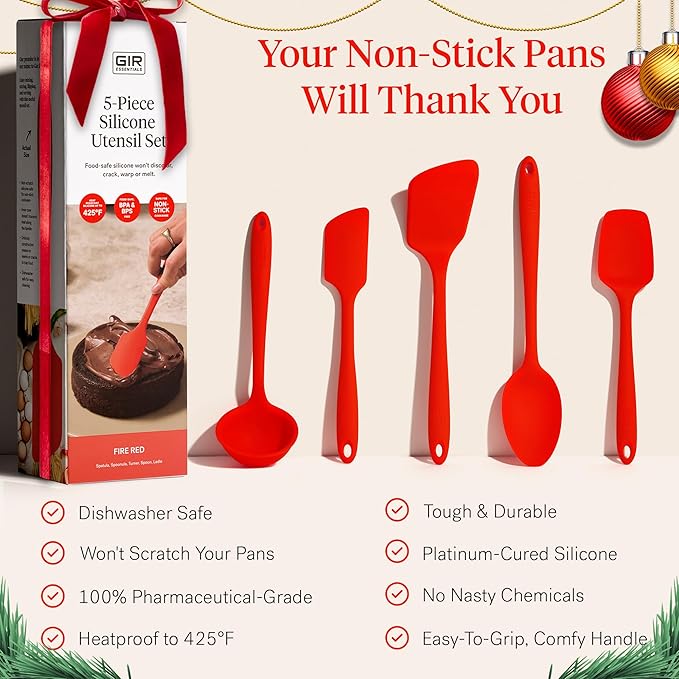 GIR: Get It Right 5-Piece Silicone Essentials Kitchen Utensils Set - Ladle, Spatula, Flip, Spoon & Spoonula - Non-Toxic Cooking Utensils for Nonstick Cookware, Cooking and Baking - Fire Red
