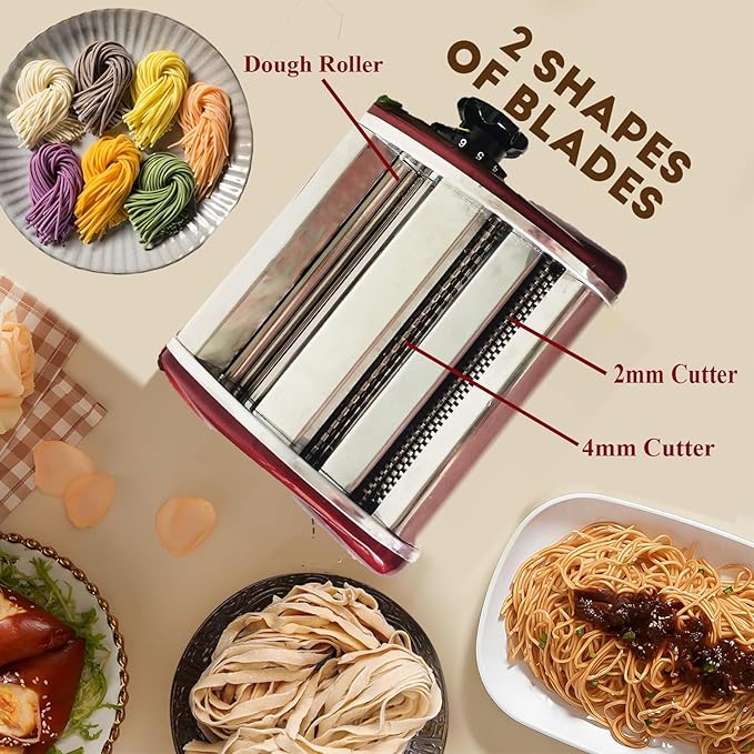 Manual Pasta Maker Machine – Stainless Steel Noodle Roller with Built-in 2mm & 4mm Cutters for Homemade Pasta, Lasagna, Fettuccine (Red, 2mm +4mm)