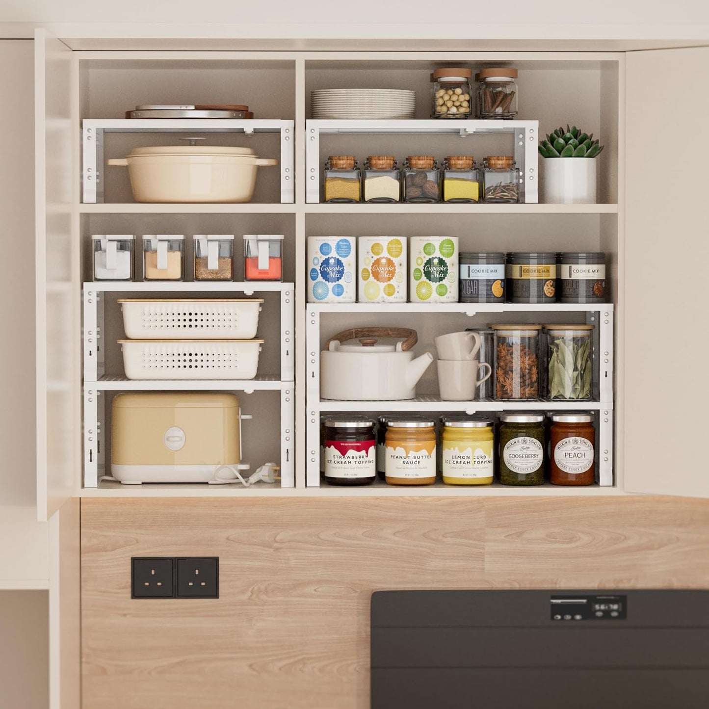 Heavy-Duty Adjustable Metal Shelf Organizer - Expandable & Stackable Pantry Storage Rack for Kitchen, Bathroom, RV, Cabinets(2 Packs/White, Large)