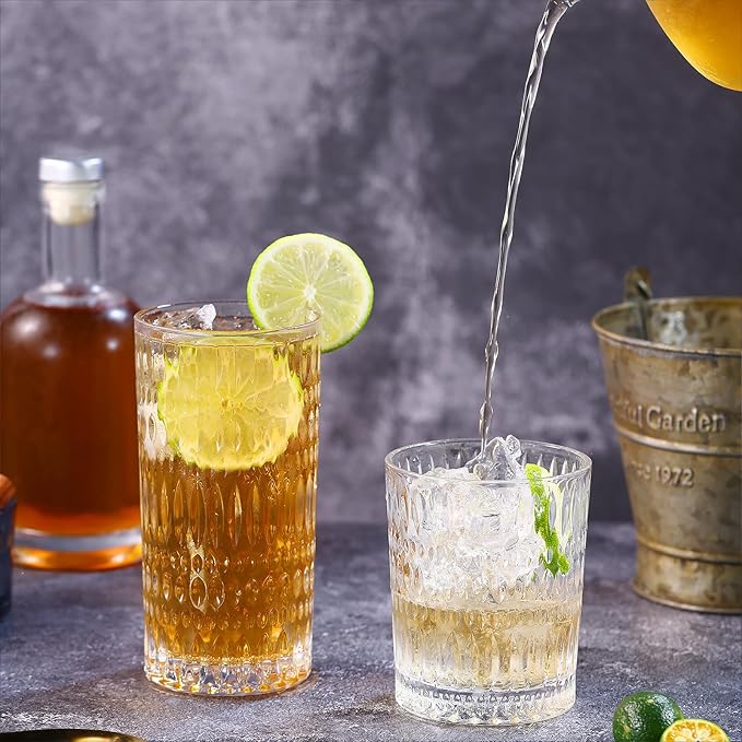 Glassware Drinking Glasses Set of 8, 14 oz Highball Glasses & 10 oz Ribbed Glass Cups, Vintage Glassware for Water, Juice, Cocktail, Whiskey (Clear)