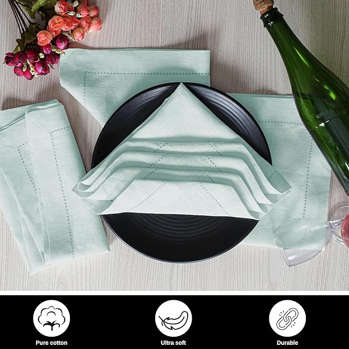 BEDDING CRAFT Set of 4 Hemstitch Pastle Blue Cloth Dinner Napkins 100% Linen - Soft Durable Washable -Ideal for Events Wedding Christmas Thanksgiving Newyear-Perfect Everyday Use Table Linen 18x18.