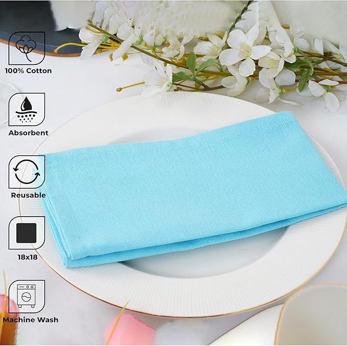 Blue Needles Solid Cloth Napkins Set of 12 Aqua Blue 100% Cotton Dinner Napkins 18x18 inches - Soft, Reusable, Absorbent & Washable Fall Thanksgiving Linen, Ideal for Events, Parties & Everyday Use