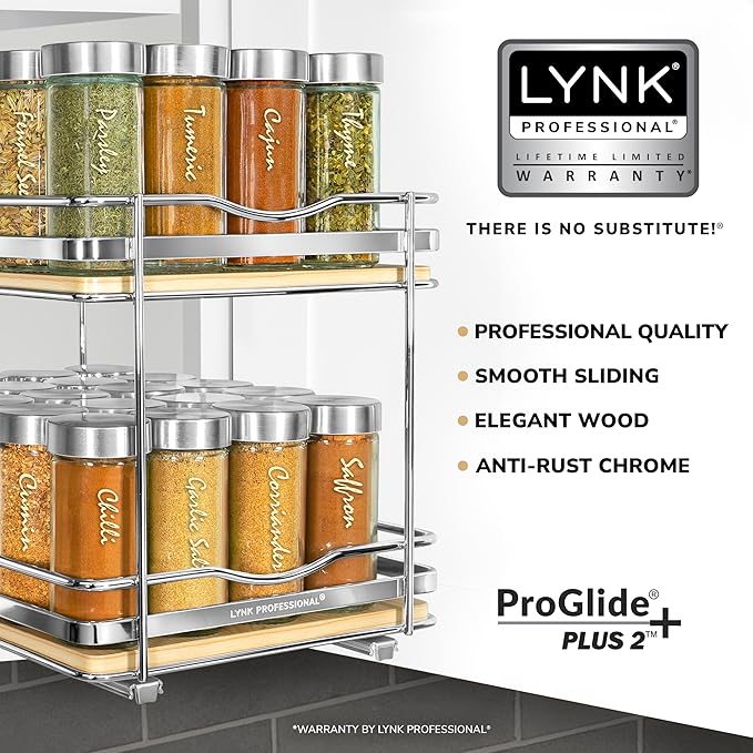 LYNK PROFESSIONAL® Élite™ Pull Out Spice Rack Organizer for Inside Kitchen Cabinets - 8-3/8 inch Wide - Slide Out Drawer – Wood/Chrome Sliding Spice Cabinet Organization Shelf Racks - 2 Tier