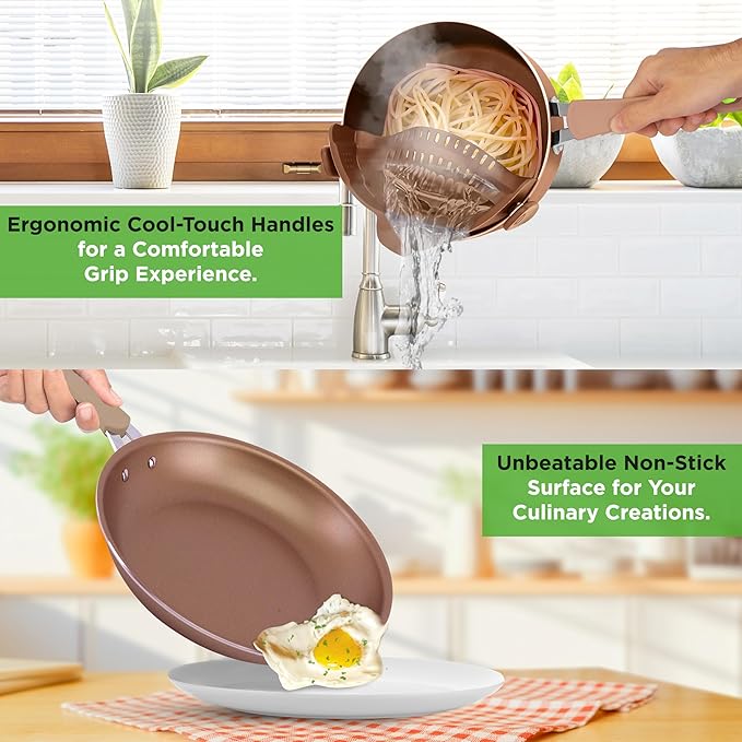 NutriChef 14-Piece Non Stick Kitchen Cookware Set w/Saucepan, Frying Pans, Cooking Pots, Dutch Oven Pot, Lids, Utensil, Gold