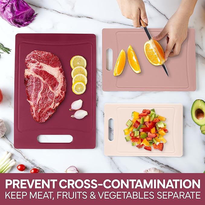 COOK WITH COLOR Non-Slip Cutting Board Set – Kitchen Essentials with Easy Grip Handle for Meat, Veggies, and Fruits, 3 Cutting Boards, Rose