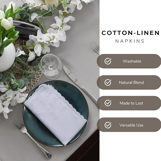 Ramanta Home White Coth Dinner Napkin Set of 12 Premium Cotton 20X20 Inch Oversized Linen Flax Lace Soft & Durable Washable Ideal for Everyday Use Parties Thanksgiving Christmas Halloween