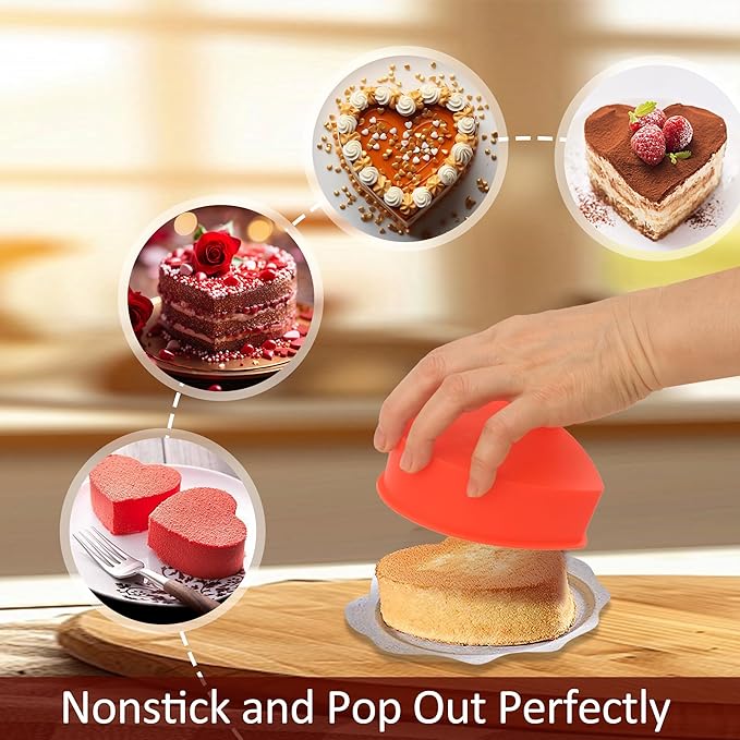 MILIVIXAY 2PCS Heart Shaped Cake Pans, 4 Inch Cake Mold, Red, Thin Style, Completely Non Stick, Food Grade Silicone, Easy To Store and Wash, Microwave, Freezer and Oven Safe.