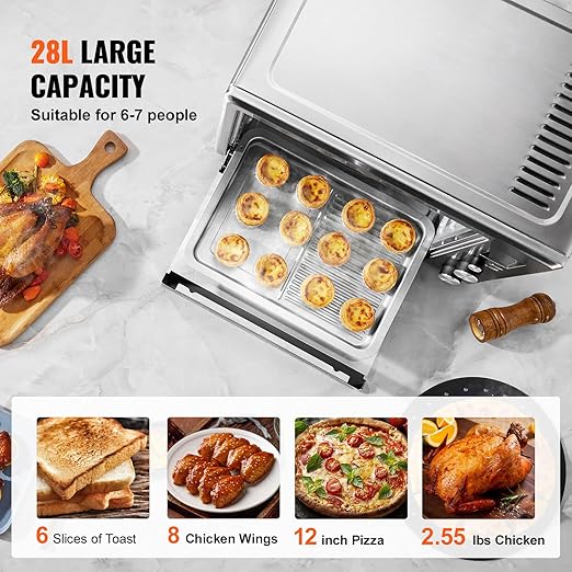 VEVOR Convection Toaster Oven, 28L/29.6Qt Large 10-IN-1 Multifunctional Convention Oven Countertop, 150F-450F Adjustable Compact Smart Oven with Trays Wire Racks Gloves, for Home Kitchen RVs etc