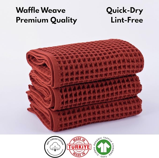 PÜSKÜL Organic Waffle Kitchen Towel 100% Turkish Cotton Set of 3 Red Brick - Premium Quality, Soft, Quick-Dry, Absorbent, Lint-Free Hand Towels 32X16 Inches (3, Brick)