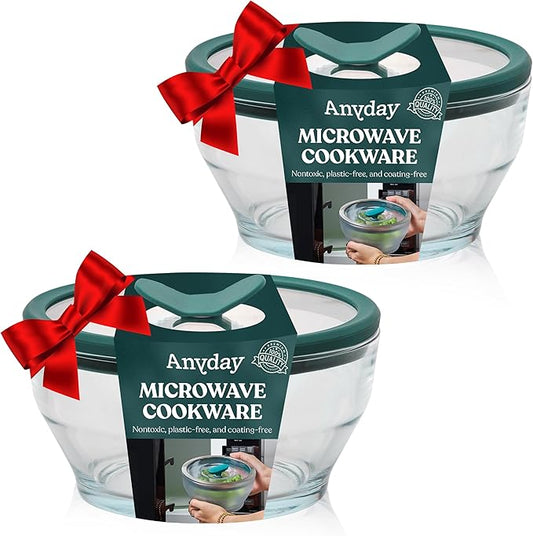 Anyday 2-Pack (4-Cup Deep) Glass Food Storage with Glass Lids | Plastic-Free Meal Prep & Microwave Cookware | Stackable Airtight Storage Container with Vented Lid for Microwave-Safe Reheating