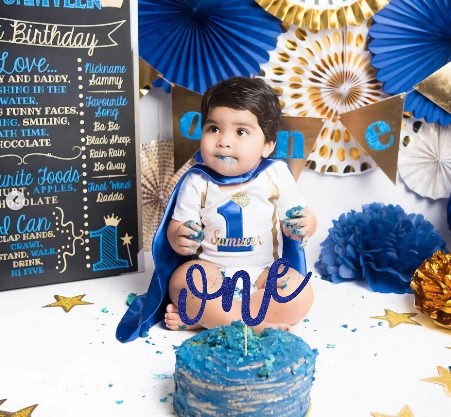 First Birthday Cake Topper - Blue Glitter One Cake Decorating Supplies for Girls and Boys, Perfect for Baby Shower/Gender Revealing Party/Baby Party Photo Booth Props