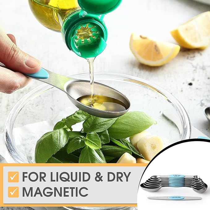 Spring Chef Stainless Steel Magnetic Measuring Spoons Set of 8 with Leveler, Nesting Metal Teaspoon & Tablespoon Measuring Spoons, Fits in Spice Jars, Kitchen Gadgets for Baking & Cooking - Aqua Sky