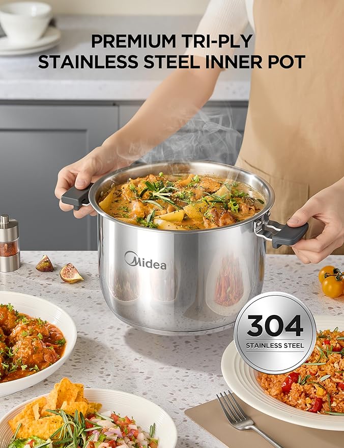 Midea 10-in-1 Electric Pressure Cooker with Slow Cooker, Steamer, Saute, Sous Vide, and Bake Modes, Stovetop & Oven Safe Stainless Steel Pot, 6 Quarts