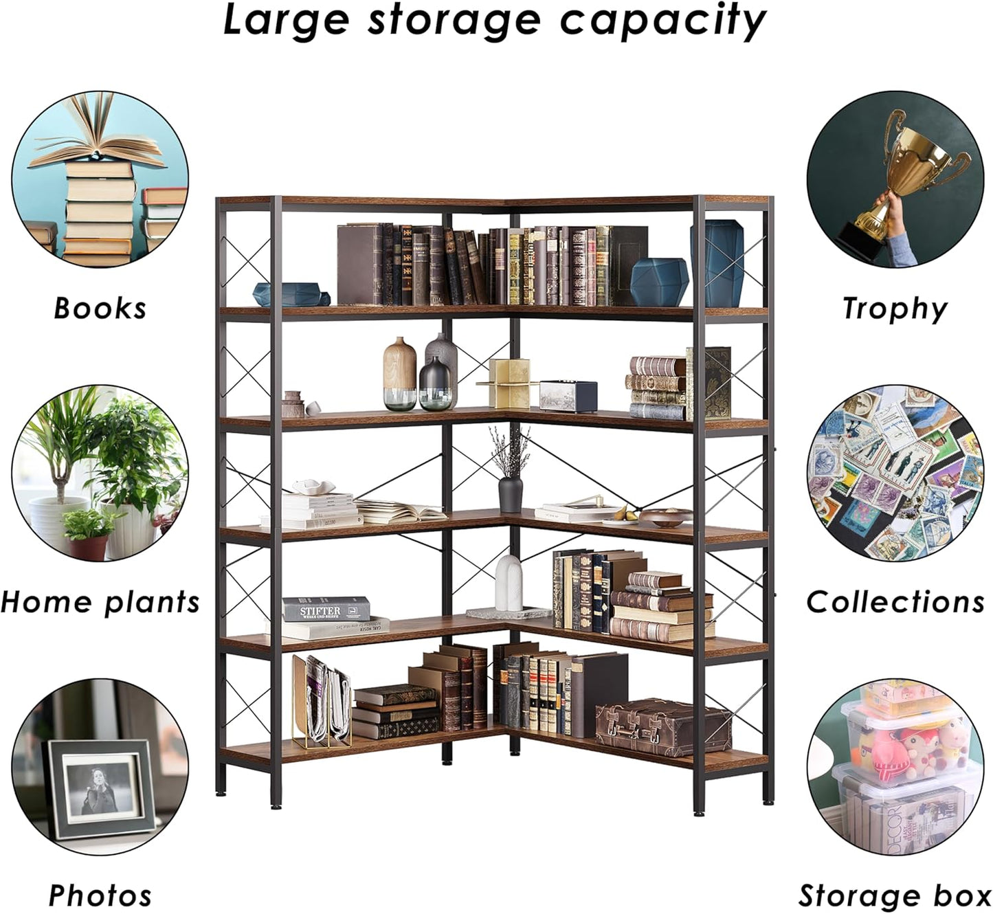 6-Shelf Corner Bookshelf, Vintage Industrial L Shaped Bookshelf Etagere Bookcase, Corner Shelf with Metal Frame Open Storage Rack Corner Book Shelf for Home Office Living Room (Retro Brown)