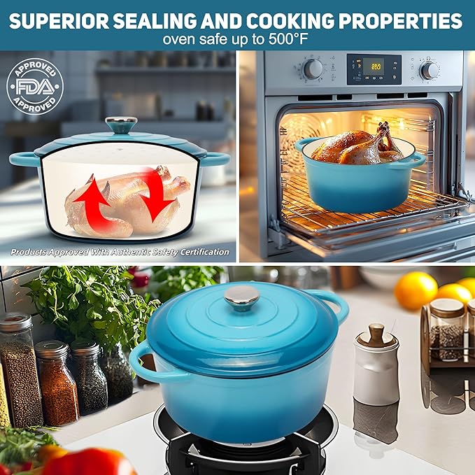 5 Quart Enameled Cast Iron Dutch Oven Pot with Lid, Dual Handle for Bread Baking, Heavy-Duty Cookware for Braising, Stews, Roasting (Teal)