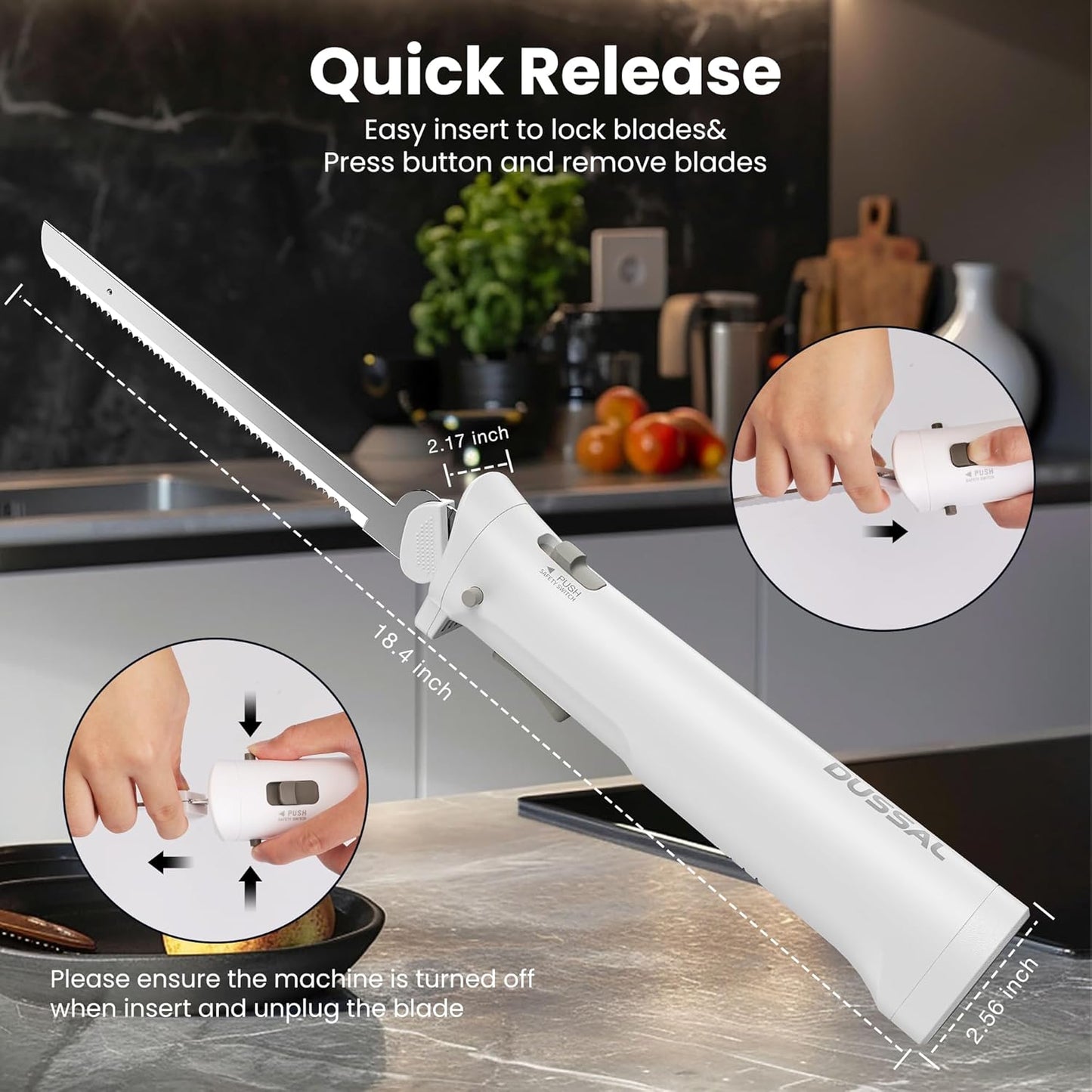 DUSSAL Cordless Electric Knife Rechargeable, Electric Carving Knife, 4 Stainless Steel Blades, Safety Lock Switch, Blade Release Buttons, Cutting Meats, Poultry, Bread, Cheese & More (White)