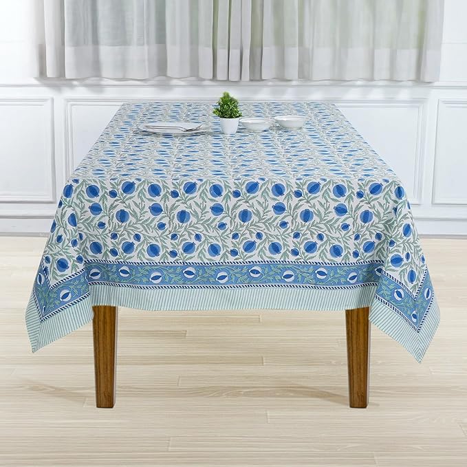 Ridhi Queen Blue Hand Block Print Cotton Rectangle Tablecloth 160 x 72 inches Reusable Table Cover Decorative Everyday Use for Dining Room, Farmhouse, Home, Party, Festive & Wedding, Fall