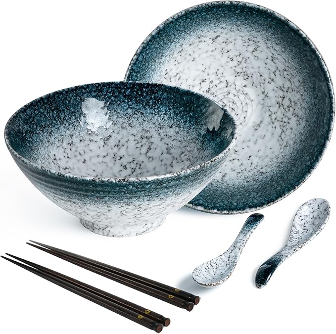 34 oz Ceramic Ramen Bowl Set of 2, Ramen Noodle Bowl with Spoons and Chopsticks 8 Inch (Stone)