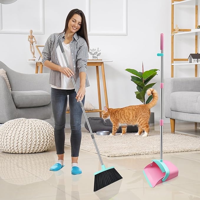 Broom and Dustpan Set, 52-in Long Adjustable Handle Broom Dustpan Combo with Dust pan Teeth to Automatically Clean Hair Suitable for Home Kitchen Office Hall Floor（Pink&Blue）