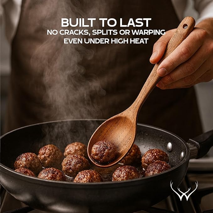 Premium Teak Wooden Spoon for Cooking 12” Long Handle - Cooking Utensils Set for Women & Chefs, Elegant Wooden Kitchen Utensil Set with Rest, Essential Wooden Utensil Set for Kitchen & Perfect Gifts