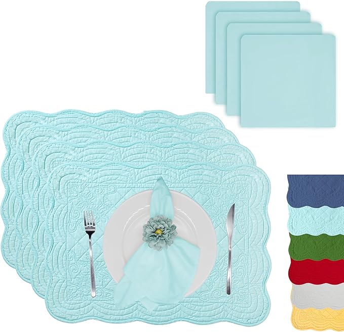 Quilted Placemats Set of 4 with Matching White Cotton Napkins – 4 Piece Table Mats & 4 Cloth Napkins – Solid Color Table Linen Set for Everyday & Holiday Dining (4, Aqua Blue)