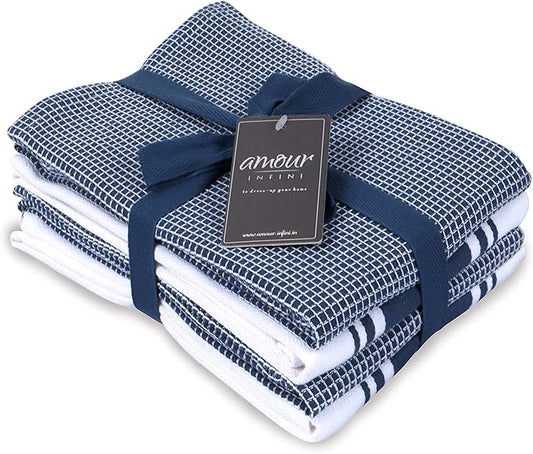 AMOUR INFINI Cotton Kitchen Towels - Set of 4 Highly Absorbent, Ultra Soft Waffle Weave Tea Towel with Hanging Loop - 20x28 Inch Quick Drying Dish Cloths for Cleaning (Blue)