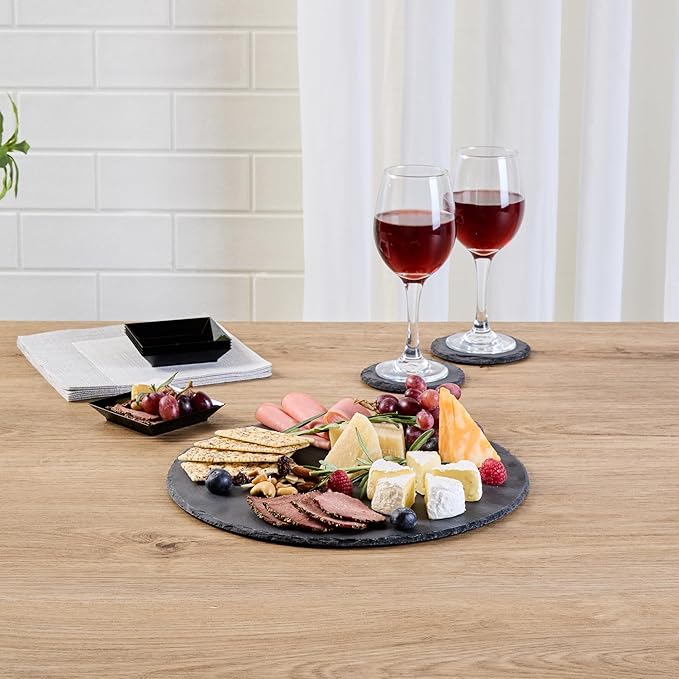 Restaurantware Slate Serving Tray 1 Pack of 11.81" Foam Feet Charcuterie Stone Plate Rustic Edges Freezable Black Square Serving Display Cheese Board for Kitchen, Gourmet, Dining, Parties