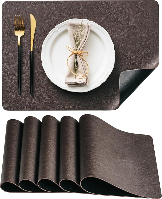 DOLOPL Placemats Set of 6 Reversible Dual-Color Table Placemats – Heat Resistant Wipeable & Brown Placemats, Faux Leather Table Mats for Vintage Table Decor（Dark Brown & Black）