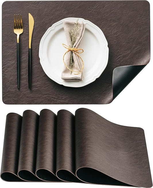 DOLOPL Placemats Set of 6 Reversible Dual-Color Table Placemats – Heat Resistant Wipeable & Brown Placemats, Faux Leather Table Mats for Vintage Table Decor（Dark Brown & Black）