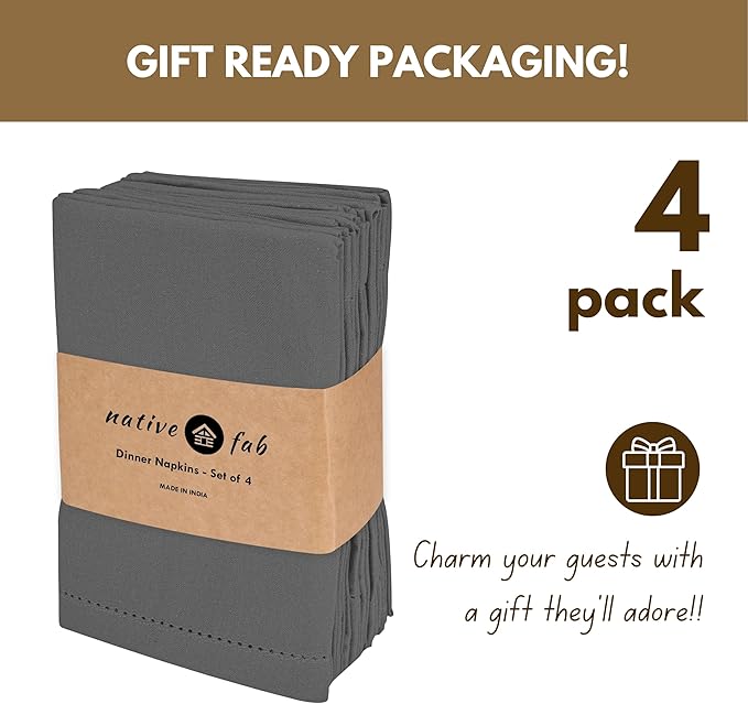 Native Fab Grey Cloth Napkins, Set of 4, 100% Cotton, Hemstitched Mitered Edges 18x18 inch, Soft, Durable, Absorbent, Washable, Hotel Linen Quality - Events, Lunch, Party, Dinner Napkins - Gray