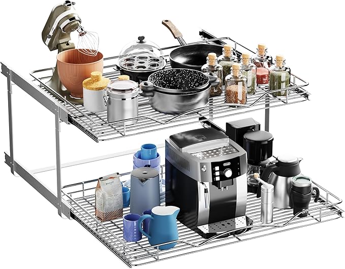 HOLDN’ STORAGE Two Tier Pull Out Cabinet Organizer, Individual Sliding Drawers - Heavy Duty Metal with Lifetime Limited Warranty - Anti Rust Chrome Finish - 30.5" W x 21”D x 16.5" H