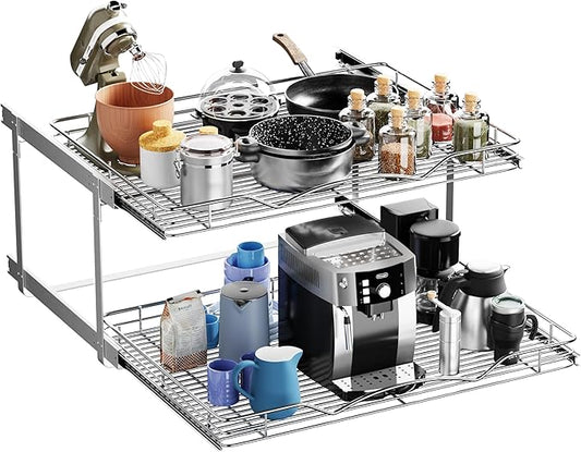 HOLDN’ STORAGE Two Tier Pull Out Cabinet Organizer, Individual Sliding Drawers - Heavy Duty Metal with Lifetime Limited Warranty - Anti Rust Chrome Finish - 30.5" W x 21”D x 16.5" H