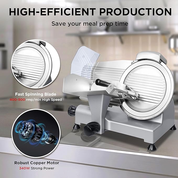 10" Commercial Meat Slicer, 340W, Electric Deli Slicer with Adjustable Thickness, Stainless Steel Blade, Built-in Sharpener, Removable Blade for Easy Cleaning