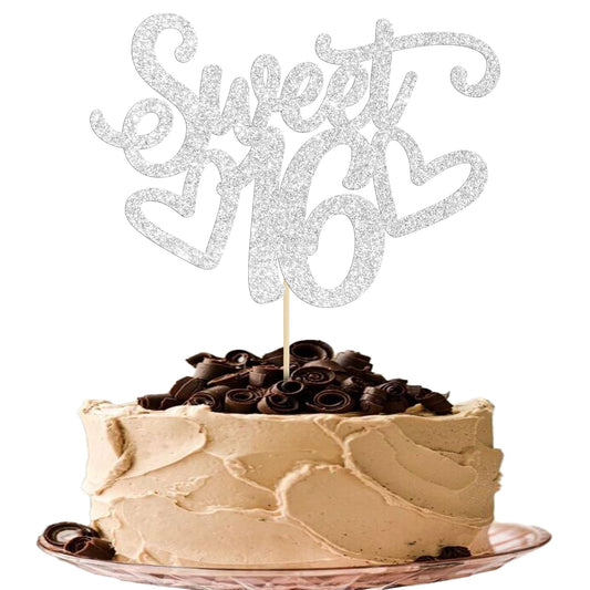 Gyufise 1Pc Sweet Teenager 16 Cake Topper Glitter 16th Birthday Cake Pick for Cheers to 16 Years Old 16th Birthday Party Cake Decorations Supplies Sliver