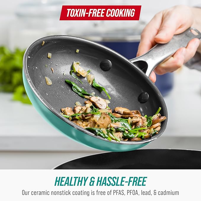 Blue Diamond Frying Pan 8” Skillet, Diamond Infused Healthy Ceramic Nonstick, PFAS and PFOA-Free, Dishwasher and Oven Safe, Even Heating, Metal Utensil Safe, Warp Control Base, Turquoise