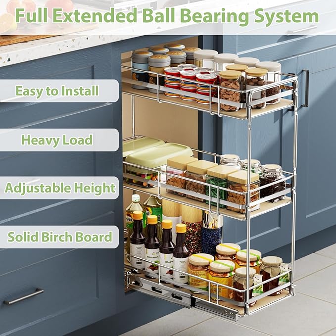 ROOMTEC 3-Tier Pull Out Cabinet Organizer Spice Rack for Narrow Cabinet 9" W x 20½" D, Slide Out Wood Shelves Storage for Kitchen