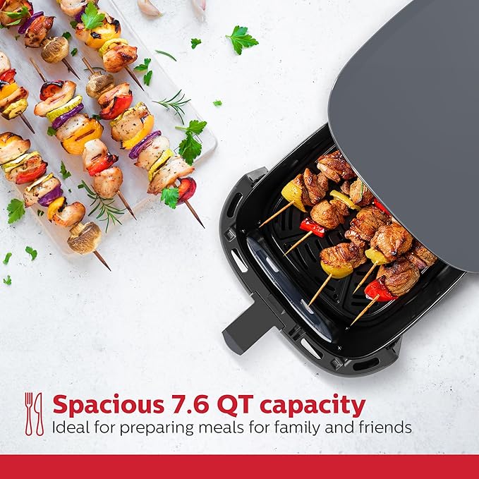 Holstein Housewares 7.6QT Digital Air Fryer with viewing window and led display with 7 preset options. Fry, bake, grill, dehydrate, and roast healthier recipes. Dishwasher Safe