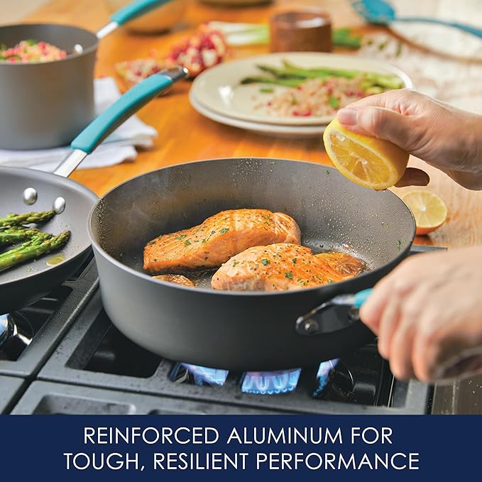 Rachael Ray Cucina Hard Anodized Nonstick Cookware Pots and Pans Set, 12 Piece, Gray with Blue Handles