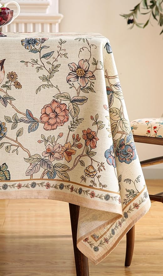 French Tablecloth for Rectangle Tables,Linen Table Cloth with Flowers and Birds Pattern,Heavy Durable Table Cover for Dining Thanksgiving Kitchen Decor Party Banquet Christmas,55"*71"