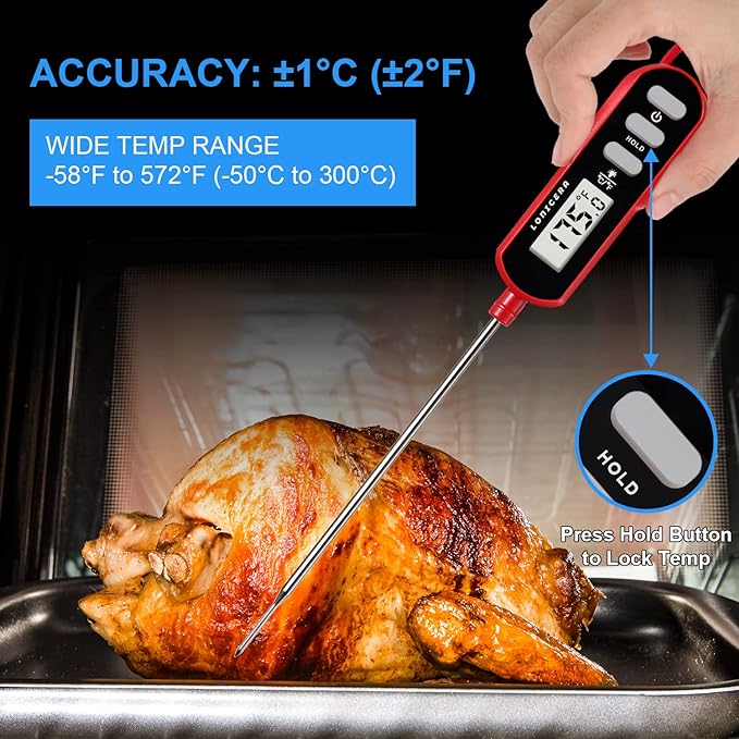 Lonicera Digital Cooking Thermometer for Bread Baking, Food and Water Temperature Measurement. Waterproof and Long Stem with Meat Temp Guide, Display with Backlit (Red)