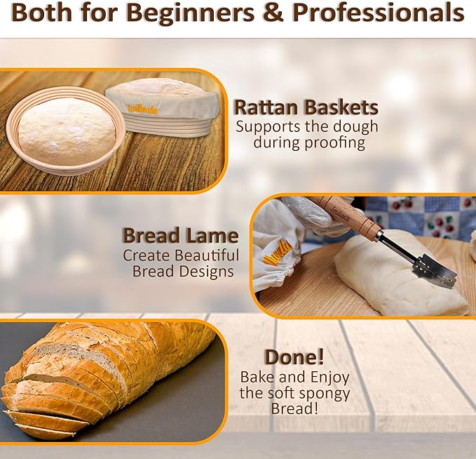 Set of 2 Banneton Bread Proofing Basket with linen Liner, 9" Round & 10" Oval bread basket with 9 Essential Bread Making Tools – Rattan Sourdough Banneton Basket Kit for Baking Enthusiasts