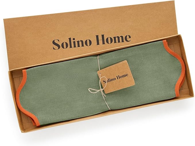 Solino Home Linen Placemats Set of 4-100% Pure Linen Persimmon Orange and Oil Green Round Cloth Placemats 16 Inch for Fall, Thanksgiving - Giselle Scallop Edge, Handcrafted and Machine Washable